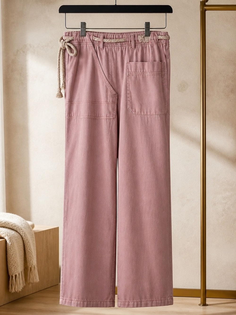 Free People Wide Leg Pants in Dusty Rose with Rope Waist Detail - Picture 2 of 9